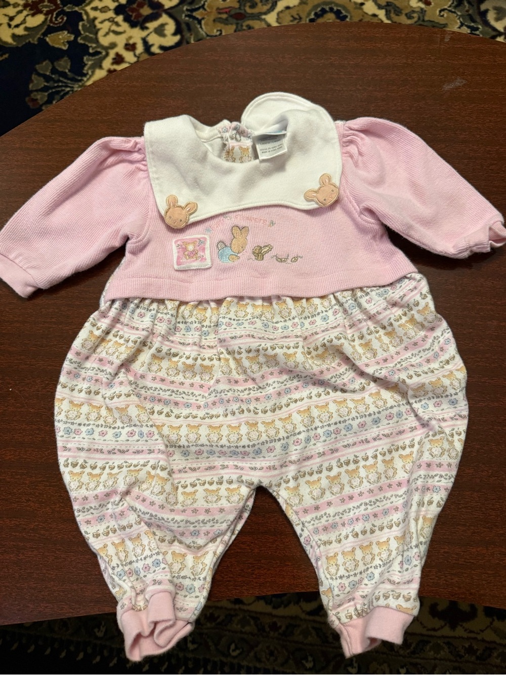 Vintage Embroidered Pink Baby Bunny Romper